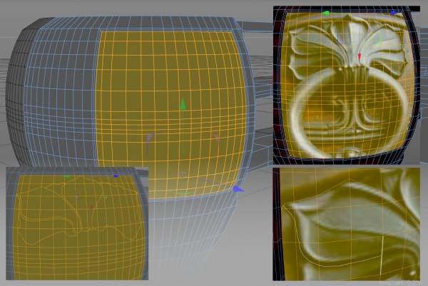 Neuer Monat, neue Idee.<br />3D-Entwurf 29:<br />Die nächsten Modellierschritte werden noch &quot;trippeliger&quot; (kleiner). Daher habe ich mir gedacht, ich nehme Euch mal mit und mache hier ein Mini-Turorial auf:<br />Der Plan ist, die Türen in dem runden Blütenkelch-Abschnitt dieses Bords flächig mit Blättern im Jugendstil aufzuhübschen. Hierzu projeziere ich wie mit einem Diaprojektor (hoffe, die kennt Ihr noch) auf ene Leinwand zuerst ein Foto als Bitmap-Textur auf die Geometrie der Tür (oben rechts). Nach dieser Vorlage zerschneide ich mit einem Tool meines 3D-Programms (Maxon Cinema 4D Release 20) nämlich einem Messer, die vorhandenen Polygone. Das ist hier in den ersten Ansätzen unten rechts zu sehen. Nachdem ich ausreichend Polygone zerschnippelt habe, werde ich den Polygonen der ausgeschnittenen Blätter Tiefe verleihen: ungefähr so, als würde ich eine Plastik-Form in den Sand drücken oder wie man einen Teig mit Backformen ausstanzt bzw. bearbeitet. Das wird bei mir allerdings in umgekehrter Richtung erfolgen: die Formen werden erhaben, d.h. sie werden aus der Türoberfläche herausragen (wie Stuck aus einer Oberfläche: plastische Ausformung von Mörteln aller Art, im Allgemeinen auf verputzten Wänden, Gewölben und Decken). Das zeige ich Euch dann im nächsten Schritt. Bis denne!