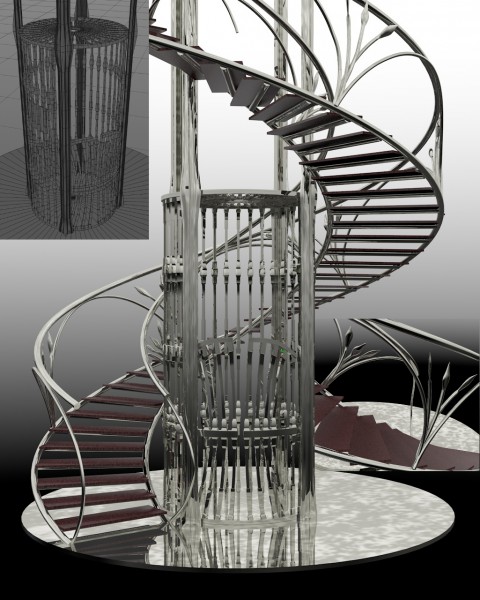 3D-Entwurf 32:<br />Treppe &amp; Lift sind jetzt ready, um als Zeichnung in den ComCo übertragen zu werden....