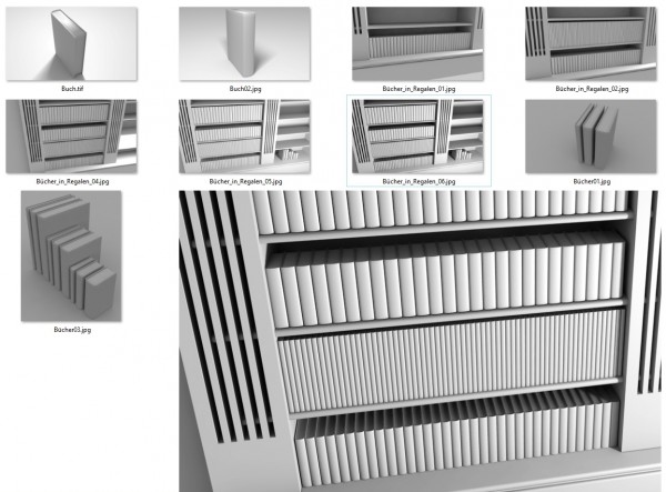 3D-Entwurf 37:<br />Dann wollen wir mal die Regale mit Büchern zustellen... Und keine Sorge, bitte! Die Zusammenstellung der Buchtypen wird noch unordentlicher, sprich: chaotischer. Die Oberflächengestaltung der Wandregale und der Bücher erledige ich zeichnerisch. In 3D wäre dieser Job zu (zeit-)aufwendig.